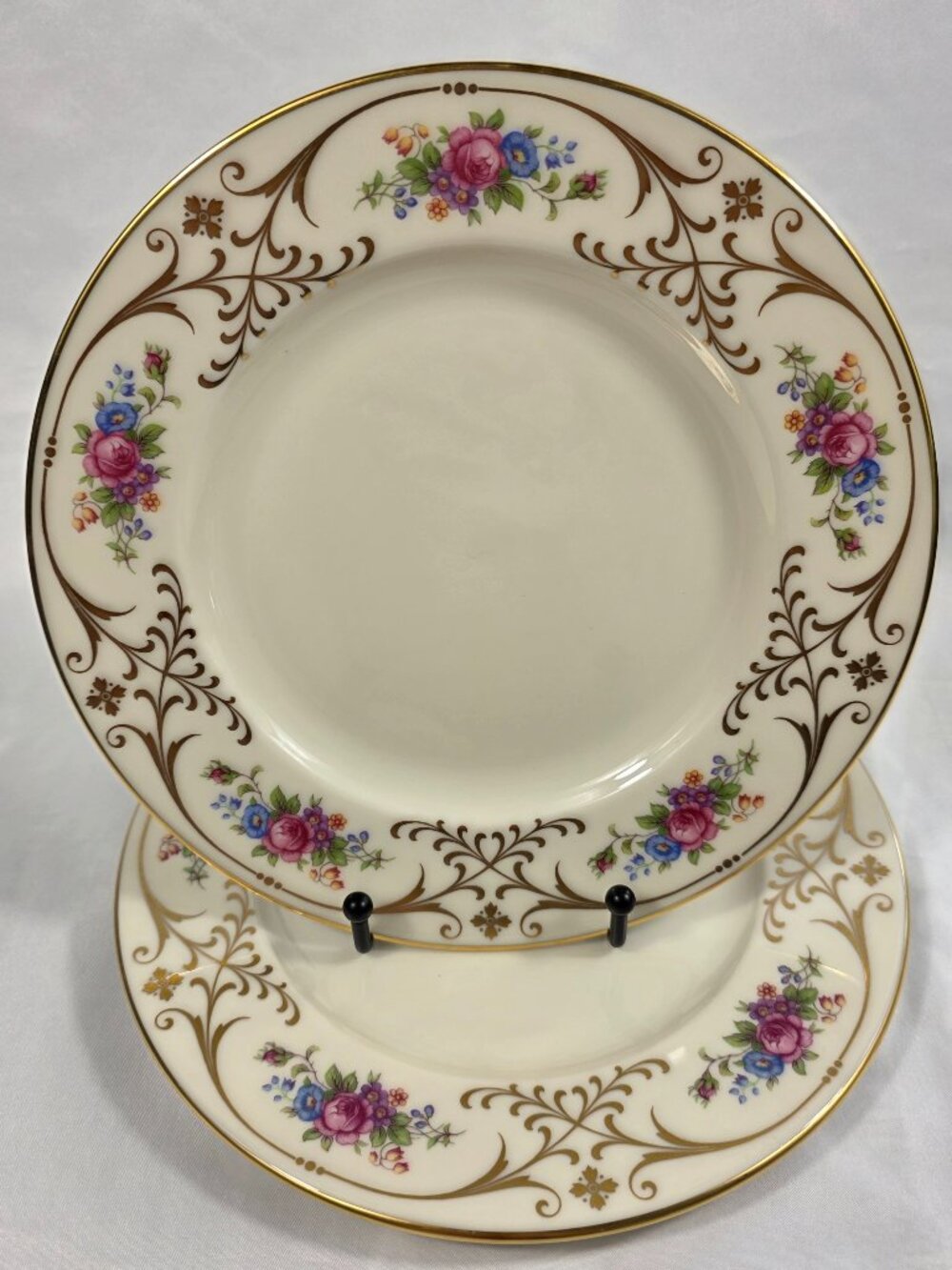 TWO Lenox Radience Luncheon Plates Ivory with Rose Bouquets, Gold Scrolls & Trim
